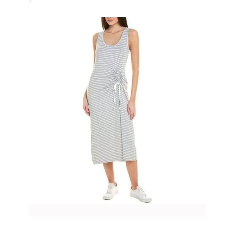 CAbi | Stripe It Easy Ruched Tie Gray Stripe Sleeveless Midi Dress | L